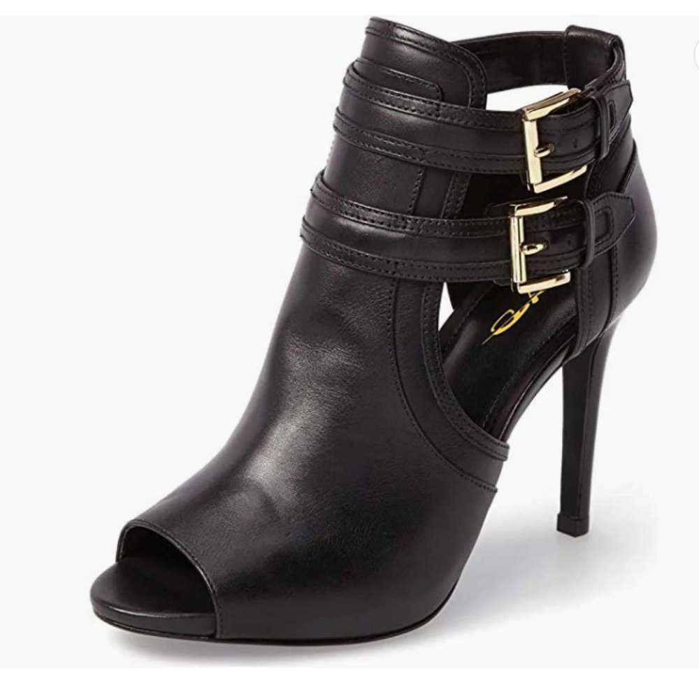 XYD Black Peep Toe High Heels Buckled Double Straps Cutout Ankle Bootie